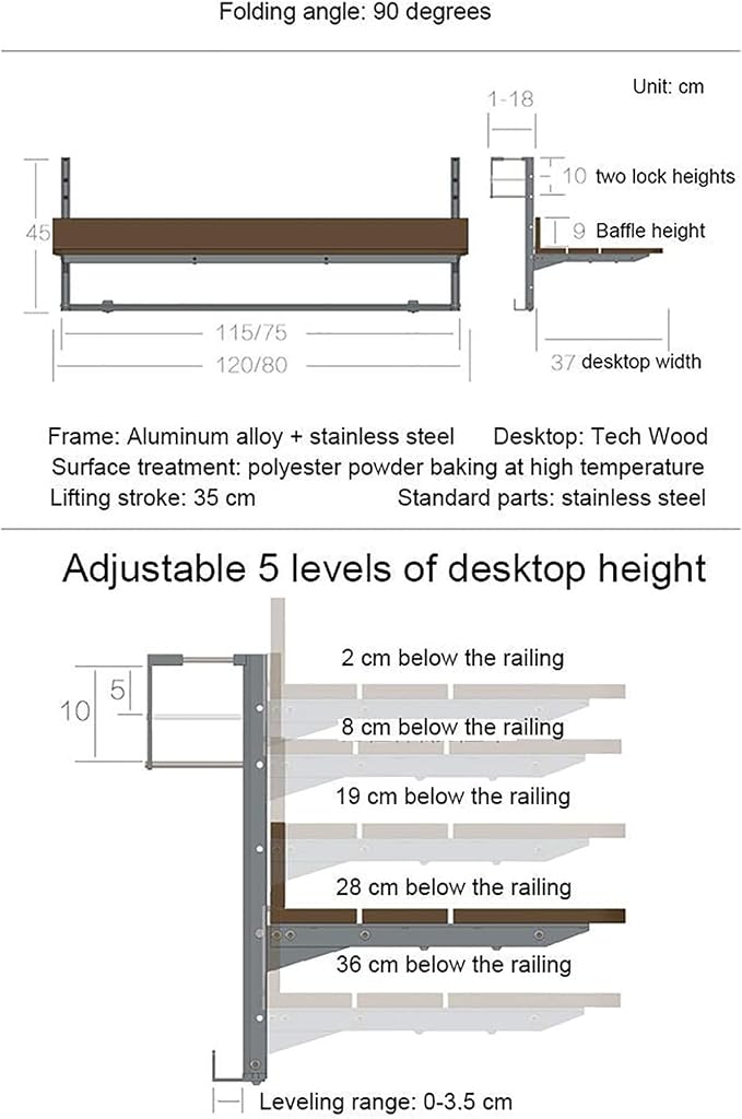 Balcony Bar Table for Railings,Outdoor Side Tables, Balcony Railing Hanging Table Folding Balcony Table Hanging Adjustable Deck Table for Patio, Garden,1.5cm Imitation Wooden