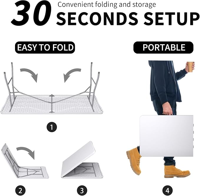 Folding Table 6FT, No Assembly Required Outdoor Picnic Table Thickened HDPE Panel, Office Foldable Table with Handle & Lock for Parties Wedding Camping (White, 4 Pack)