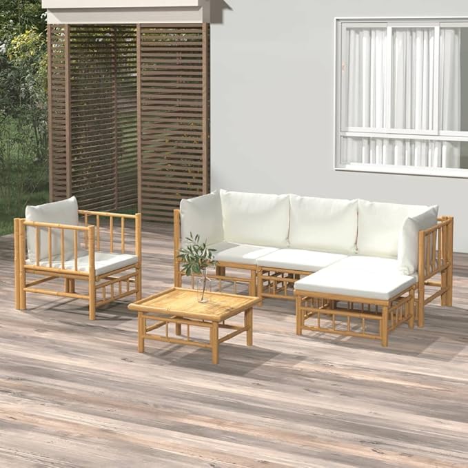 6 Piece Patio Lounge Set with Cream White Cushions, Front Porch Furniture Patio Conversation Set Outdoor Sofa Sets Porch Furniture Set for Exhibition Poolside Garden Piazza Bamboo