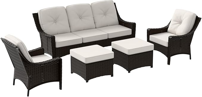 Stone Creek Outdoor Furniture Set with Patio Chairs, 3 Seater Couch & Ottomans, Wicker Patio Conversation Set, Balcony Furniture, 5 Piece, Brown/Beige