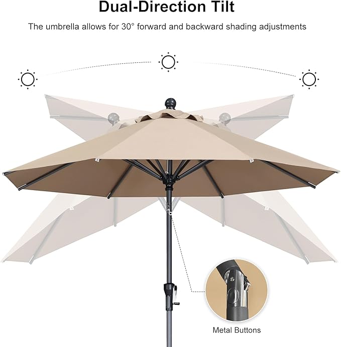 PURPLE LEAF 8' Round Patio Market Umbrella with Base Outdoor Table Umbrellas Aluminum Frame Sun Shade with 8 Sturdy Ribs Tilt for Garden Deck Lawn Pool Taupe