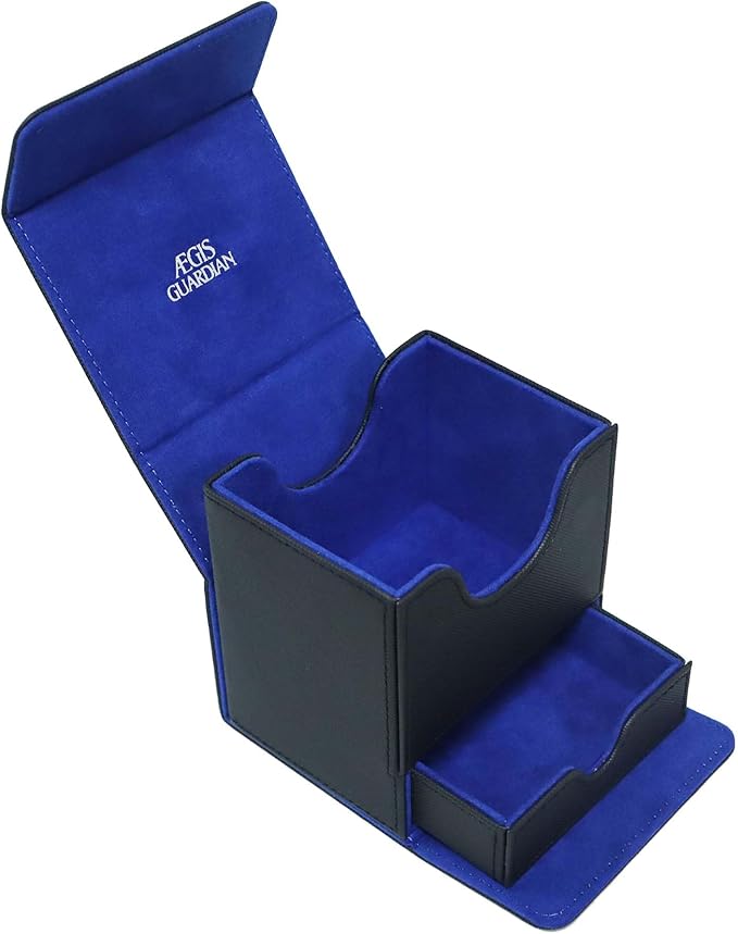 AEGIS GUARDIAN Card Deck Box with Dice Tray for MTG Cards, Commander Deck Box fit 150+ Sleeved Cards, PU Leather Card Storage Box Strong Magnet Deck Game Case for TCG CCG, Black and Blue