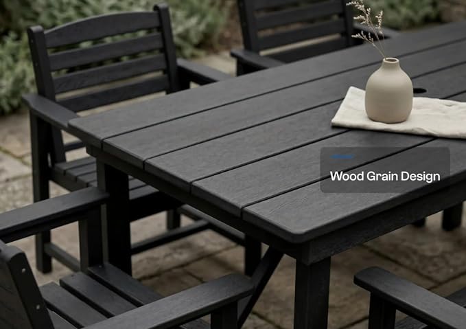 5-Piece Outdoor Dining Set for 4,Black | HDPE table, chairs included, umbrella hole design, weather-resistant furniture, perfect for balcony, deck, backyard