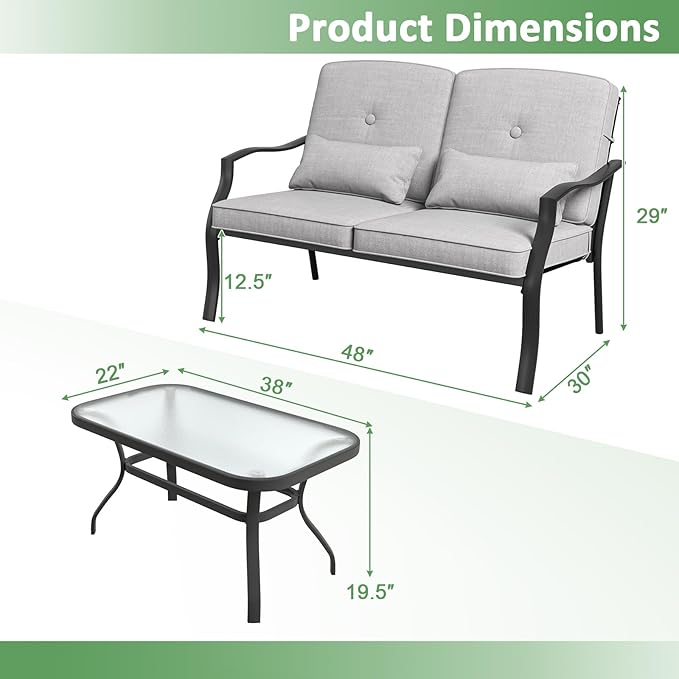 Tangkula 2 Piece Patio Furniture Set, Outdoor Loveseat Chair Set with Seat Back Cushions & Waist Pillows, Tempered Glass Coffee Table, Heavy-Duty Metal Sofa Set for Yard Garden Balcony Poolside