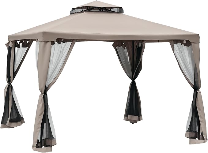 Outsunny 9.6' x 9.6' Patio Gazebo, Outdoor Canopy Shelter with 2-Tier Roof and Netting, Steel Frame for Garden, Lawn, Backyard, and Deck, Taupe