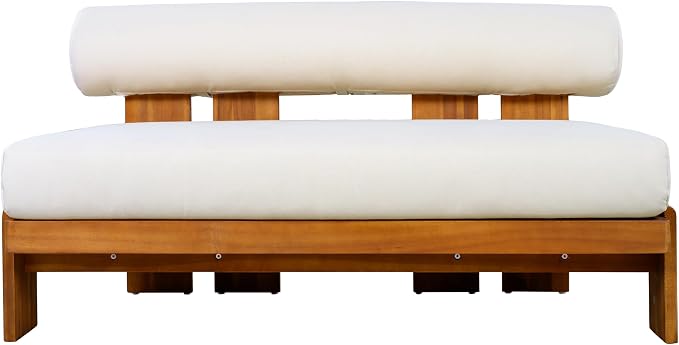 Christopher Knight Home Phobo Acacia Wood Outdoor Loveseat and Coffee Table Set, 2 Piece Patio Furniture Set with Cushion, Outdoor Conversation Set with Slatted Design for Backyard, Teak + Beige