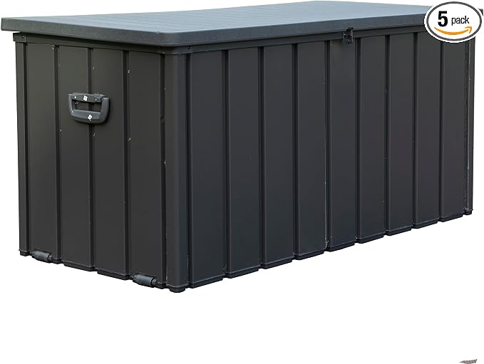100 Gallon Outdoor Storage Box, Waterproof Steel Deck Box with Resin Lid, Large Patio Storage Bin for Outside Cushions, Throw Pillows, Garden Tools, Lockable Storage Container, Dark Grey