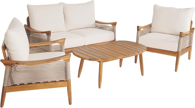 Christopher Knight Home Havets 4 Piece Patio Conversation Sets, Outdoor Acacia Wood Patio Seating Group,Woven Rope Loveseat Chairs with Cushions and Coffee Table for Porch Backyard Balcony, Teak+Beige