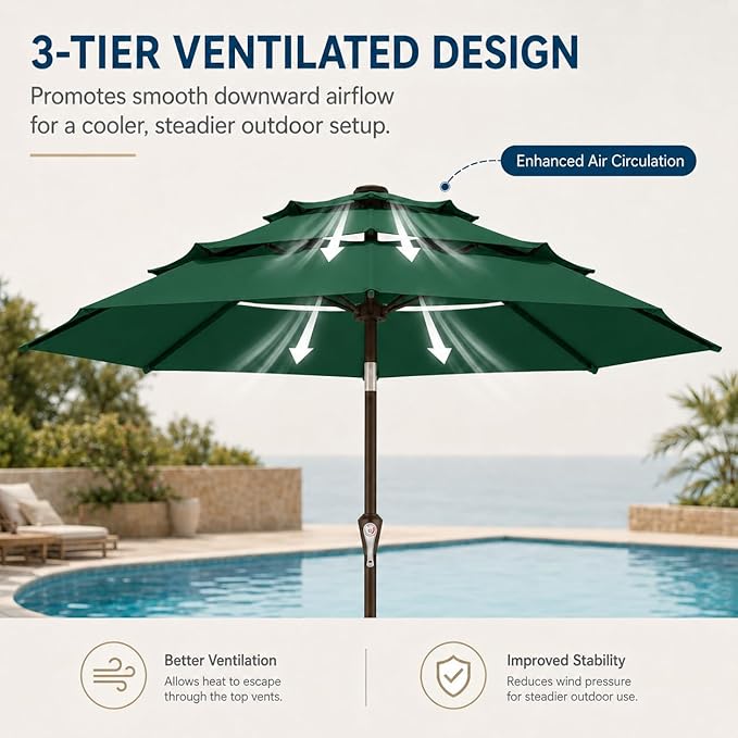 10ft Patio Umbrella, 3-Tier Vented Outdoor Table Umbrella with 8 Sturdy Fiberglass Ribs, Windproof Market Umbrella with Push Button Tilt and Crank, UV Protection for Deck, Pool, Forest Green