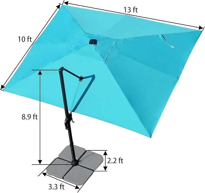 Sunnyglade 10x13ft Solar Powered LED Cantilever Patio Umbrella Square Deluxe Offset Umbrella 360°Rotation & Integrated Tilting System & LED lights for Market Garden Deck Pool Backyard Patio