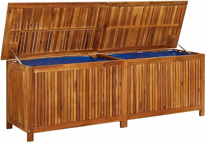Solid Acacia Wood Storage Box 68.9 in x 19.7 in x 22.8 in, Large Outdoor Deck Bin with Waterproof Liner for Garden Patio, Brown Furniture, Oiled Finish
