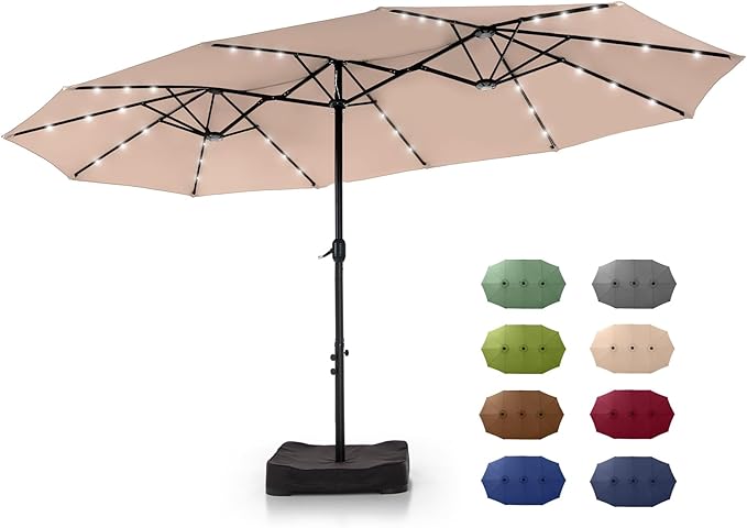 GREEN PARTY 15 ft Large Outdoor Patio Umbrella with Solar Led Lights & Base Included, Double-Sided Rectangular Table Umbrella with Stand, Market Umbrellas for Deck Poolside Garden Backyard, Beige
