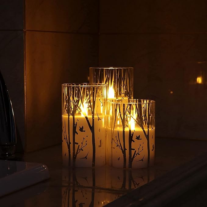 Rhytsing Birch Design Glass Battery Operated LED Candles with Timer, Flameless Pillar Candles Spring & Summer Decor- Include 6 Batteries