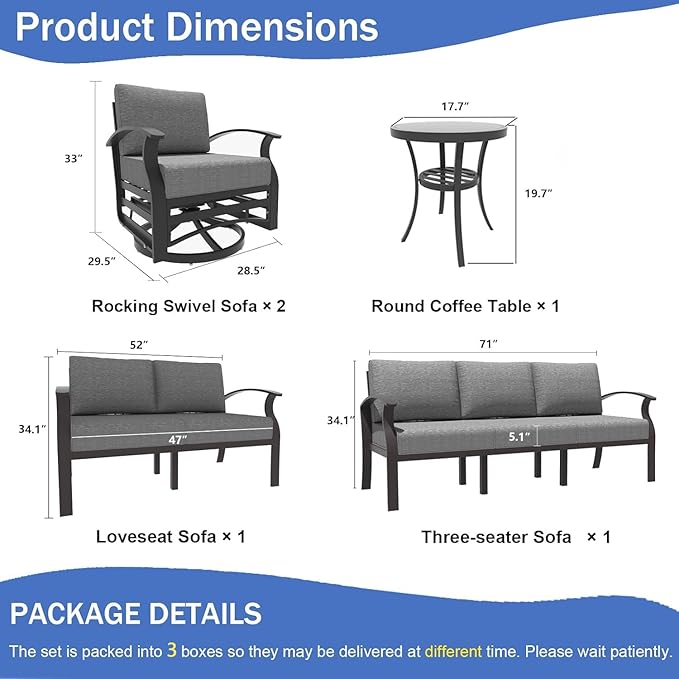 Kullavik Aluminum Patio Furniture Set,5 Pieces 7 Seat Metal Outdoor Furniture Conversation Set w/5.1" Cushions,Swivel Rocking Chairs Set,Grey