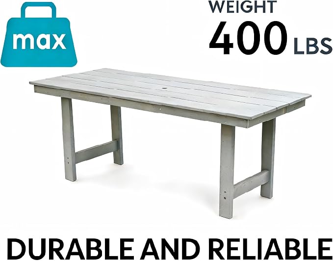 KEIKI 66.9" HDPE Outdoor Table, All Weather Patio Table with Umbrella Hole, Waterproof & Fade Resistant, Wood Grain Finish, Easy Assembly Patio Furniture for Garden Balcony Poolside Backyard, Grey