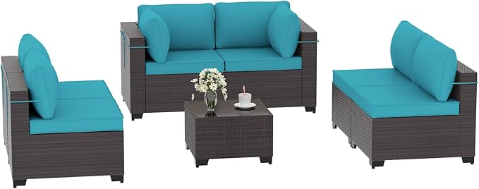 Patio Furniture Set 7PCS Outdoor Furniture for Backyard Sectional Sofa Set, Rattan Wicker Patio Conversation Set with 4 Inch Thickened Cushions and Glass Coffee Table, Blue