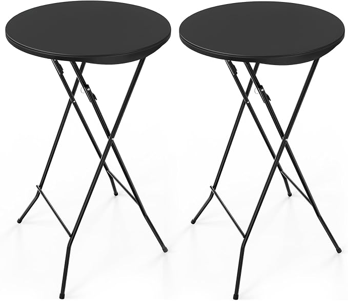 Bonnlo 24" Cocktail Table High Top Table, Folding Round Table Bar Height, HDPE Matrial with Gray Metal Finish for Outdoor Party, Backyard, Dining Room, Wedding Event,Black- 2PCS