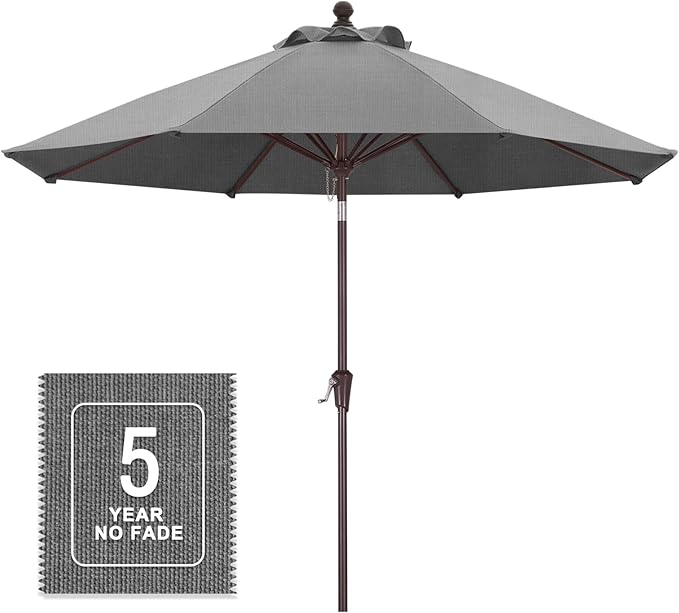 MASTERCANOPY Olefin 5-Year-Non-Fading 9ft Patio Umbrella with Tilt and Crank, Large UV Resistant Outdoor Table Umbrella with 8 Fiberglass Ribs for Deck, Yard & Market, Medium Grey