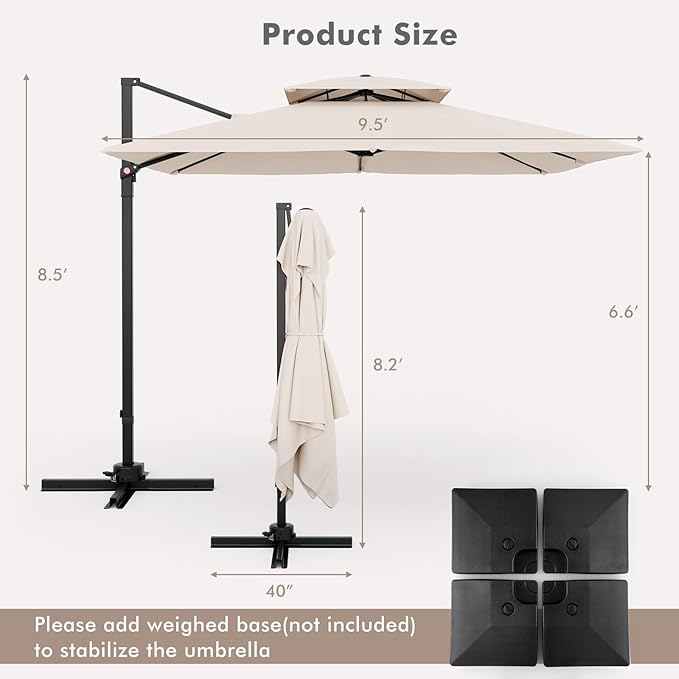 Tangkula 9.5 FT Cantilever Patio Umbrella, Outdoor Square Offset Umbrella with 360° Rotation, Double Top Heavy Duty Patio Hanging Umbrella with Cross Base for Garden Deck Pool Backyard (Beige)