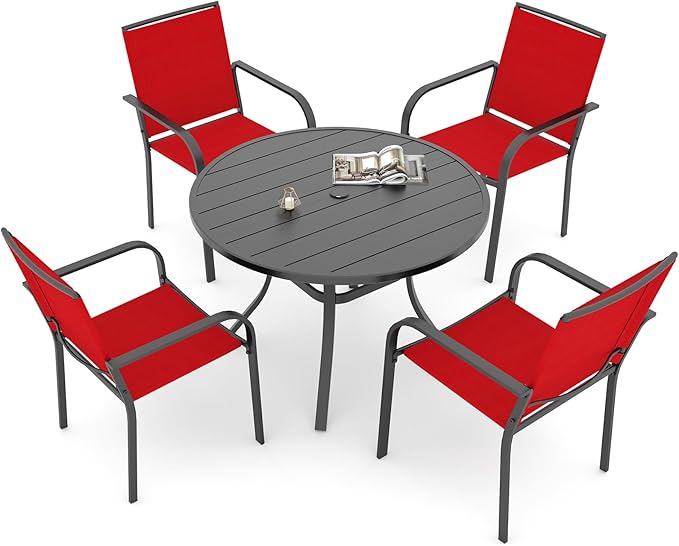 Anmutig Outdoor Patio Round Table and Chairs Furniture Set with 4 Stackable Cherry Red Chairs, 41" Dining Table