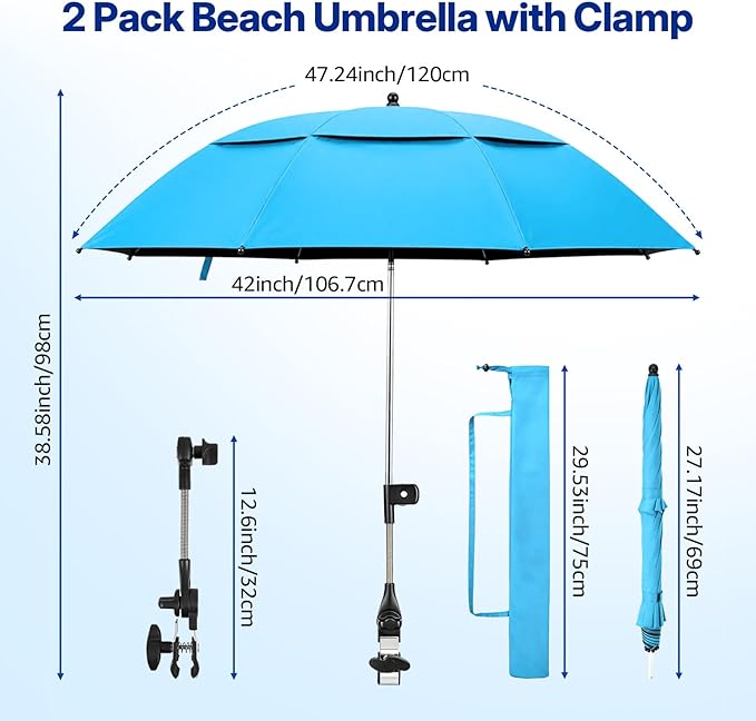 2 Pack 42 Inch Double Canopy Beach Chair Umbrella with Clamp, UPF50+ Clip on Beach Umbrella with 360° Swiwel Arm & Adjustable Clip, Portable Sun Shade for Wheelchair, Stroller, Camping