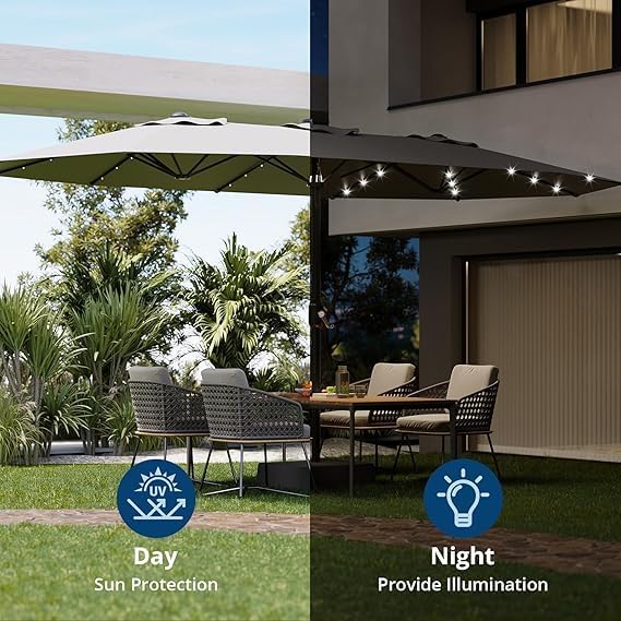 TrailBlaze 15FT Patio Umbrella With Base and Solar Lights, Outdoor Large Patio Double-Sided Market Umbrella With Crank Handle, UV Protection, for Lawn Deck Backyard Pool