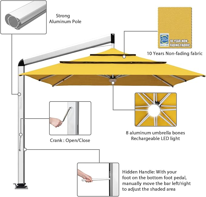 EliteShade USA Atlas 3-Tier 10x10FT Full Aluminum Cantilever Patio Umbrella for Outdoor Restaurant Garden Courtyard Deck Pool and Marketing with Light (No battery), Sunflower Yellow