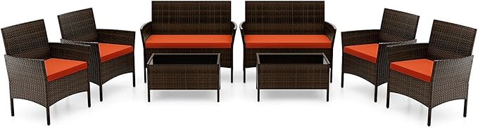 RELAX4LIFE 8-Piece Patio Furniture Set - Rattan Outdoor Conversation Bistro Set w/Cushions, Glass Coffee Table, Wicker Chairs & Loveseat for Garden Backyard Porch, Balcony Furniture Set (2, Orange)