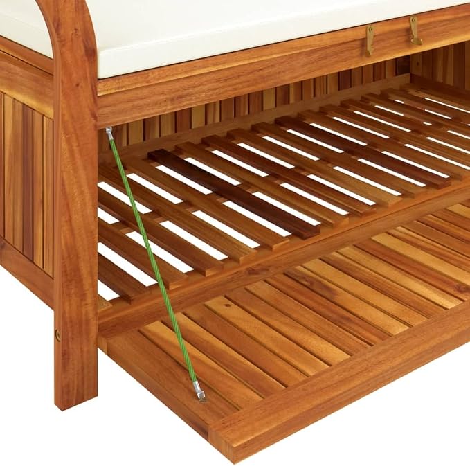 Wooden Outdoor Patio Storage Bench Large Deck Box with White Cream Cushion 49.6"x19.7"x23.6" Solid Wood Acacia Storage Box Deck Box with Seat for Garden, Balcony, Porch, Pool,Yard -AA