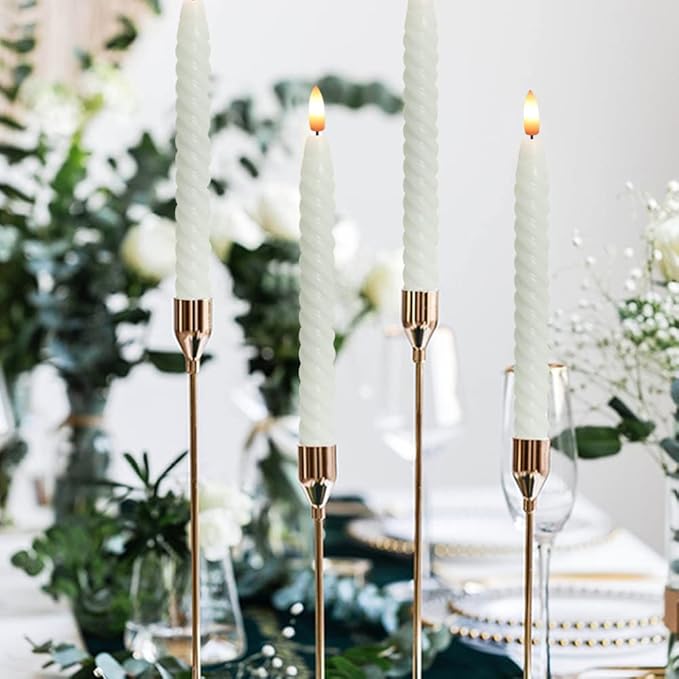Flameless Taper Candles Real Wax Flickering with Remote Timer, Pastel White 3D Wick LED Spiral Candles Battery Operated 6 Pack 9.8 inch, Wedding Birthday Home Party Holiday Dinner Decor
