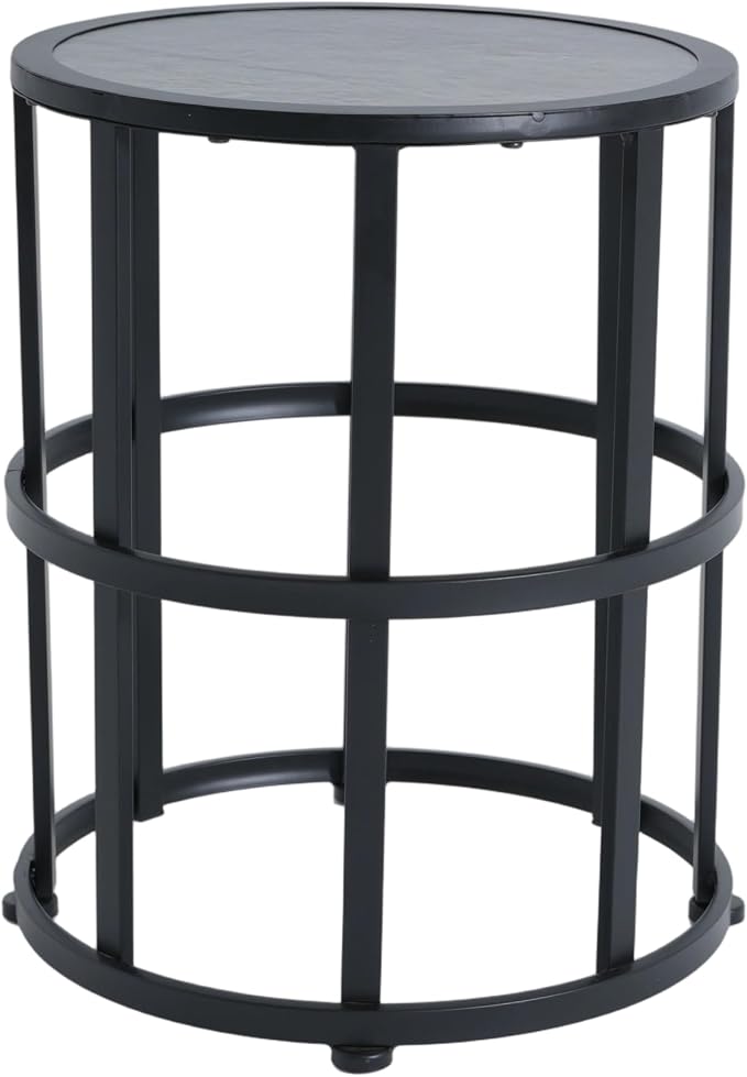Black Metal Round Patio Side Table, Open Cylinder Slatted Outdoor End Table, Weather Resistant Iron Accent Drink Table for Backyard Garden Porch Poolside, Modern Indoor & Outdoor Pedestal Side Table