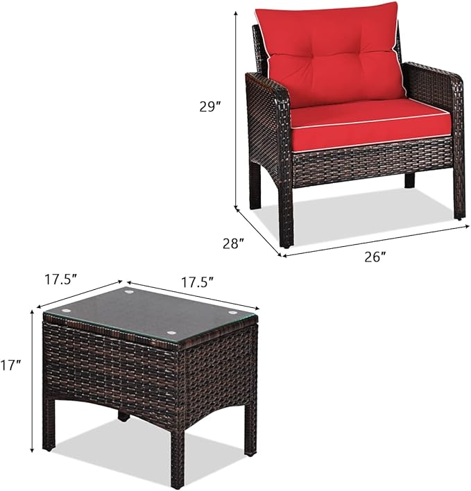ORALNER 3-Piece Patio Conversation Set, All-Weather Wicker Sofa Chair and Coffee Table Set with Thick Cushions, Outdoor Furniture, Rattan Bistro Set for Balcony Deck Porch Poolside Garden (Red)