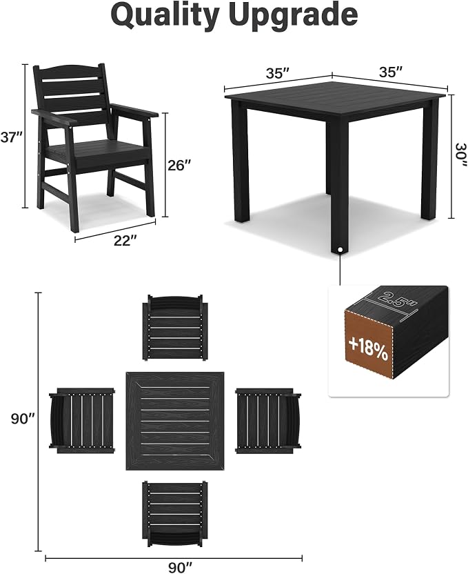 YEFU 3-Piece Outdoor Dining Set：HIPS All-Weather Patio Dining Sets Modern Waterproof Outdoor Table and Chairs for 2 - Easy-Clean Square Patio Furniture Set for Garden Poolside Backyard Deck（Black）