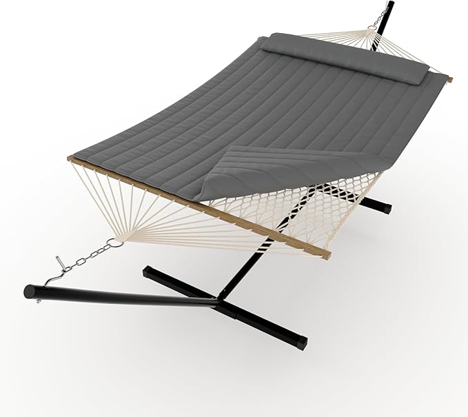 2 Person Hammock with Heavy Duty 500Lb Capacity Stand - Portable Cotton Rope Hammock & Quilted Comfort Pad - Relax Together Indoor or Outdoor (Gray)
