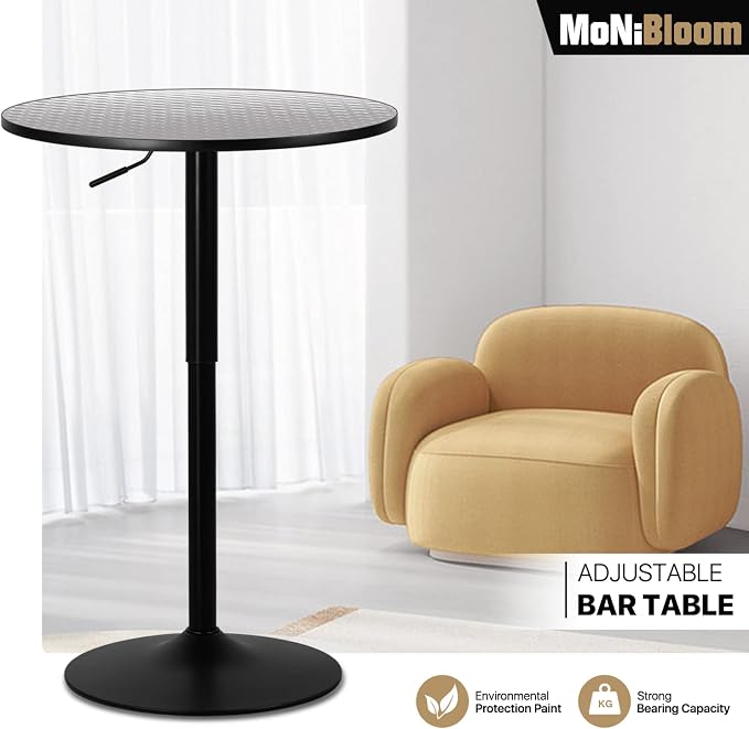 MoNiBloom Pub Round Table Silver Stripe Top with Black Leg and Base, Bar Table 27.5"- 36"" Height Adjustable with 360° Swivel, Cocktail Bistro Table for Dining Bistro Cafe Home Bar, 23.5" Diameter