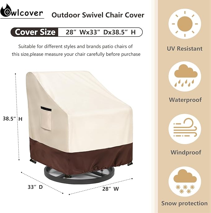 Outdoor Swivel Chair Covers 2 Pack, 28 W x 33 D x 38.5 H inches, 600D Heavy Duty Waterproof Patio Chair Cover, Outdoor Furniture Covers for Lawn/Garden Chiar, Lvory&Brown