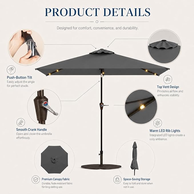 6.5 x 10ft Rectangular Patio Umbrella with Solar Lights, 16 LED Lighted Market Umbrella with Push-Button Tilt and Crank, 6 Sturdy Iron Ribs for Garden, Deck, Pool, Gray
