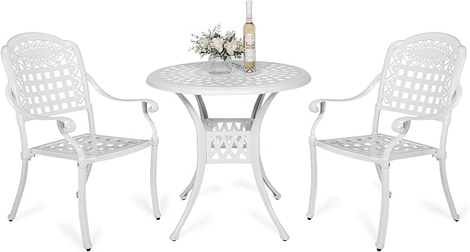 VIVIJASON 3-Piece Outdoor Patio Bistro Set, All-Weather Cast Aluminum Furniture Dining Sets Include 2 Chairs and 31" Round Table w/Umbrella Hole for Balcony, Lawn, Garden, Backyard, White