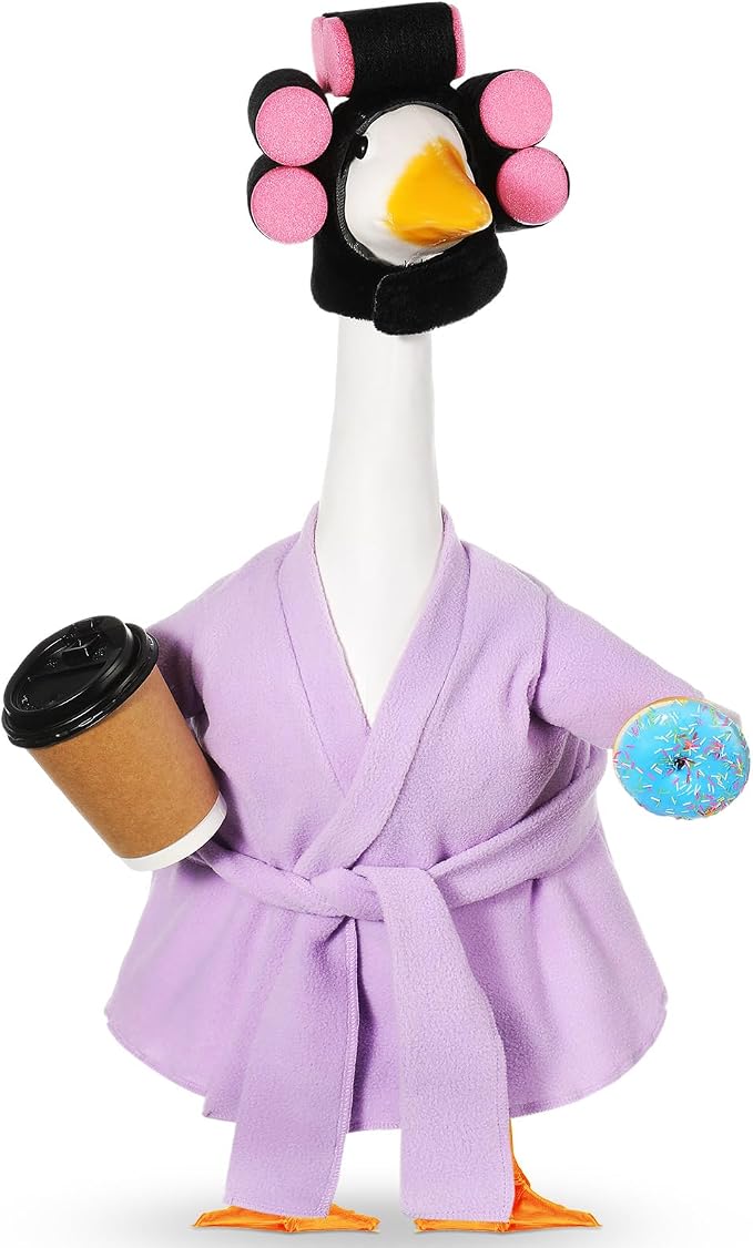 Shyyween 23 Inch Porch Goose Summer Outfit Light Purple Goose Bathrobe Statue Clothes Coffee Cup Curlers for Cement Plastic Lawn Geese Outdoor Garden Yard Patio Decoration