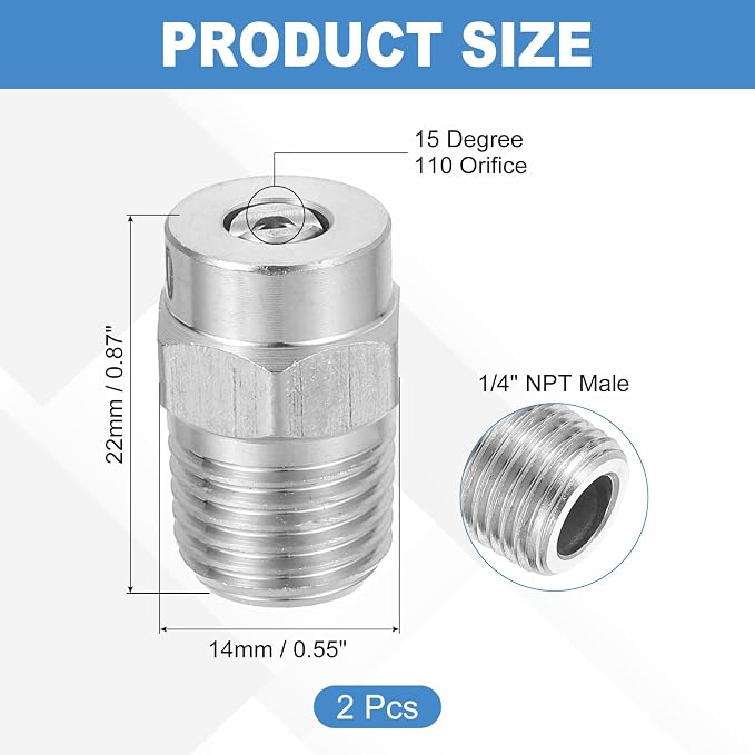 uxcell 2Pcs Pressure Washer Nozzle, Stainless Steel Thread Nozzles Tips, Universal Replacement for Undercarriage Cleaner Water Broom, 1/4 Inch NPT Male, 15 Degree 110 Orifice