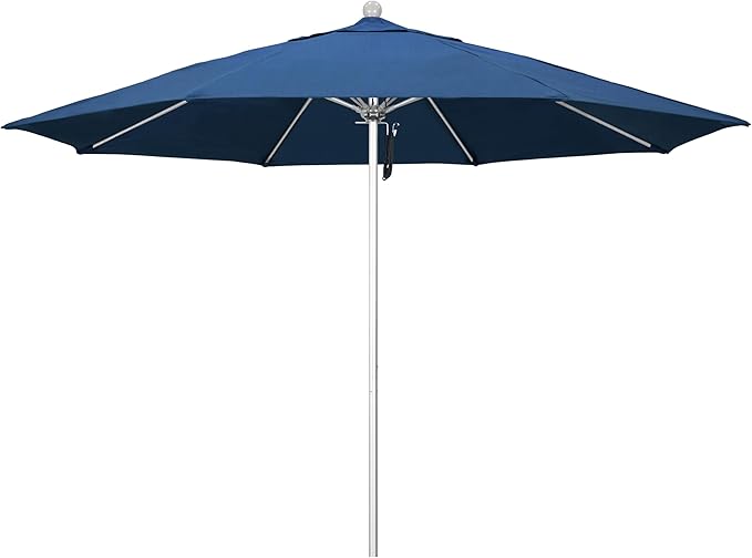 California Umbrella 11Ft Commercial Grade Sunbrella Fabric Market Umbrella, Pulley Lift, Aluminum/Fiberglass, 2mm pole wall, Silver Frame, Regatta Fabric