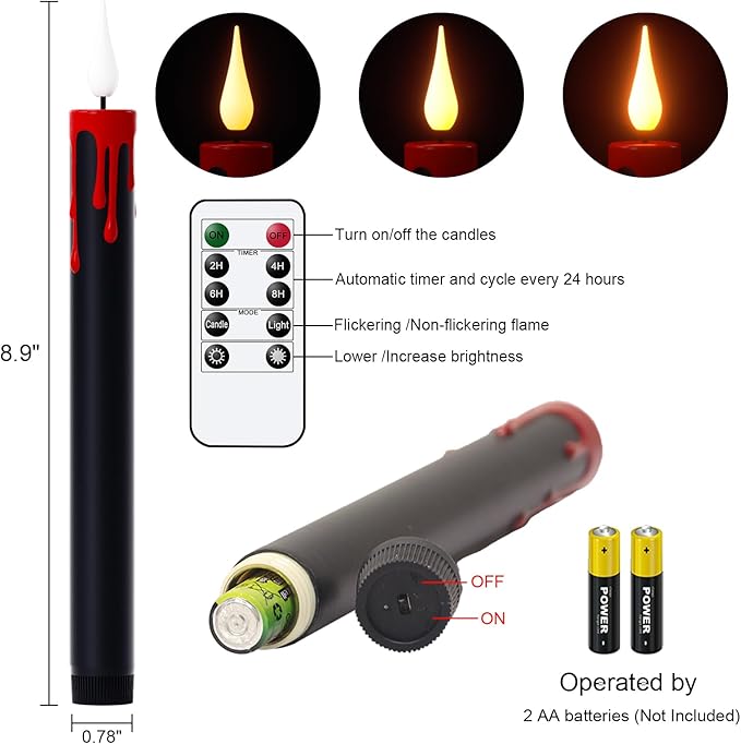 Eldnacele LED Flameless Taper Candles Battery Operated with Remote and Timer 3D Wick Flickering Blood Dripping Halloween Dinner Spooky Horror Home Decoration Set of 4 Black Candles, 0.78" x 8.9"