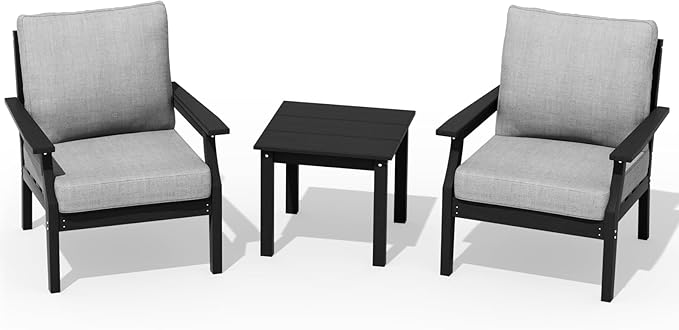 HDPE Patio Conversation Set, 3-Piece All Weather Outdoor Furniture Set with 2 Single Sofas for Deck, Lawn, with Cushion, Black