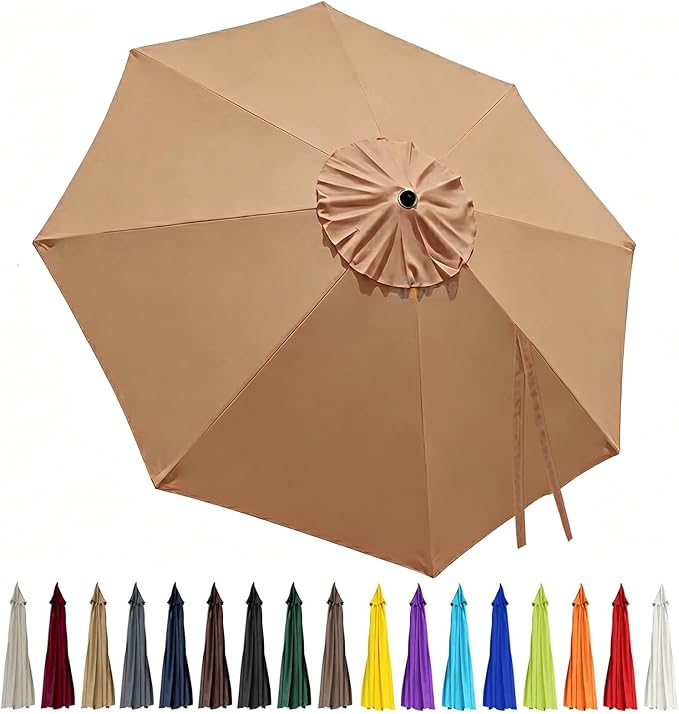 10ft Patio Umbrella Replacement Canopy 8 Ribs, Waterproof & Fade Resistant Market Umbrella Cover, Thickened Polyester Fabric for Backyard, Garden and Pool (Canopy Only) (Khaki)