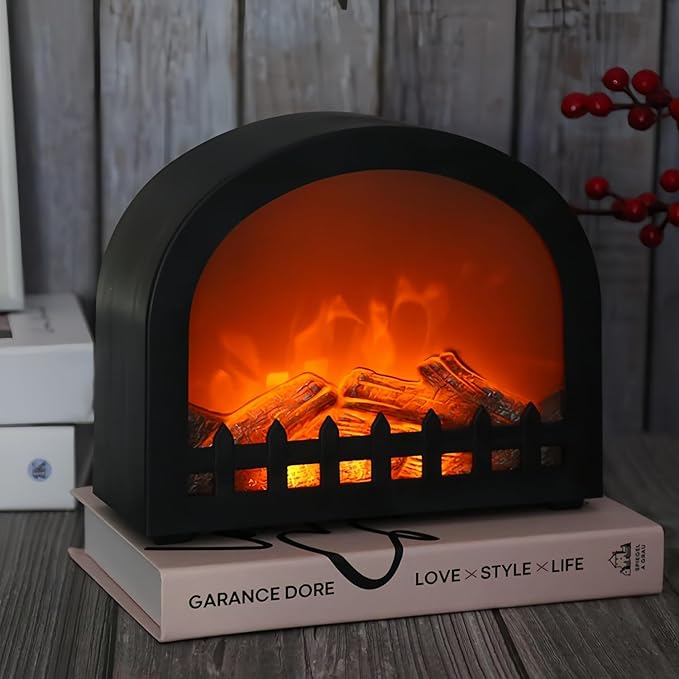 Simulated LED Fireplace Lantern USB & Battery Powered Flameless Light with Simulation Flame Table Decorative Lamp Mini Fireplace Ornament for Cozy Home Decor Free Standing Electric Log Burner