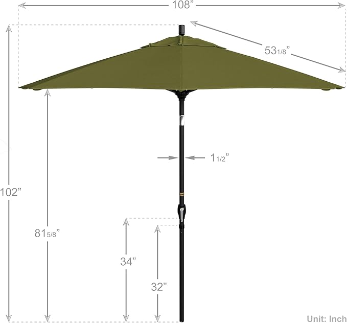 California Umbrella 9' Round Aluminum Market Umbrella, Crank Lift, Push Button Tilt, Black Pole, Pacifica