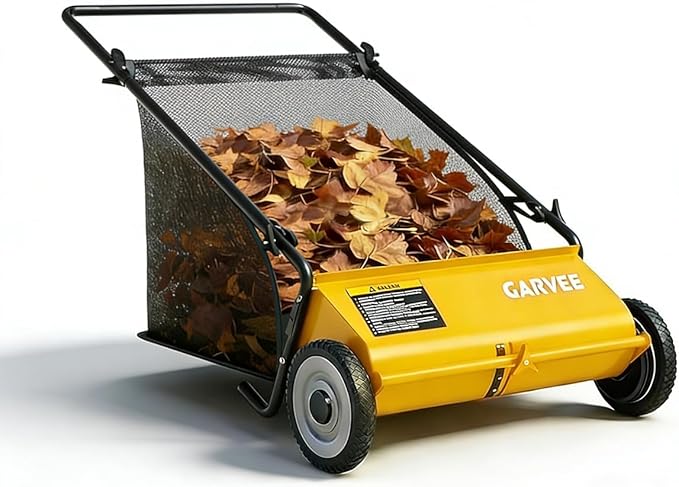 Push Lawn Sweeper, 26 Inch Extra-Wide 4-Brush System, 7 cu.ft. Mesh Bag, Heavy Duty Steel Frame, Height-Adjustable Yard & Garden Cleaner for Leaves and Grass, Yellow