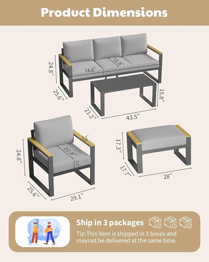 IDEALHOUSE Aluminum Outdoor Patio Furniture - 1 Pcs 3-Seat Sofa and Coffee Table, All-Weather Metal Modern Outside Furniture with Washable Thick Cushion for Balcony, Garden, Deck, Backyard, Gray