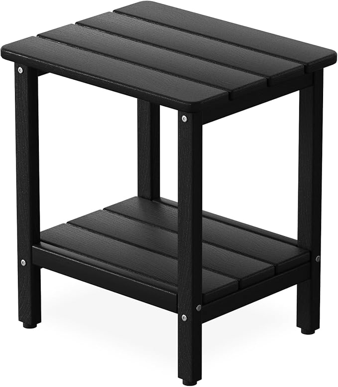 Outdoor Side Table, Small Square Patio Side Table with Adjustable Feet, All-Weather HDPE Adirondack End Tables for Porch Deck Balcony Pool, 2-Tier Storage, Easy Maintenance, Black