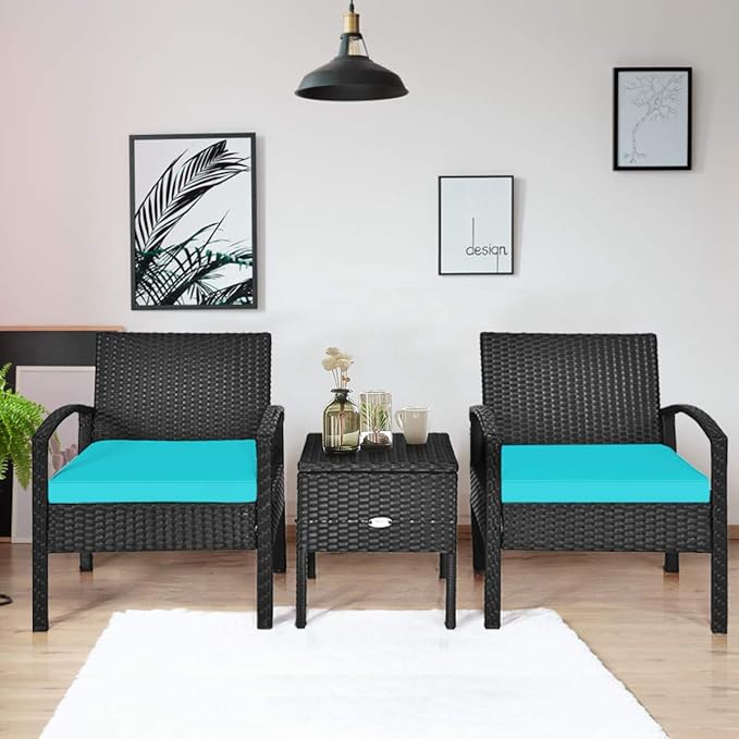 Tangkula 3 Pieces Patio Wicker Conversation Set, Outdoor Rattan Furniture with Washable Thick Cushion & Coffee Table w/Storage Space, Patio Furniture Set for Backyard Porch Garden Poolside (Turquoise)